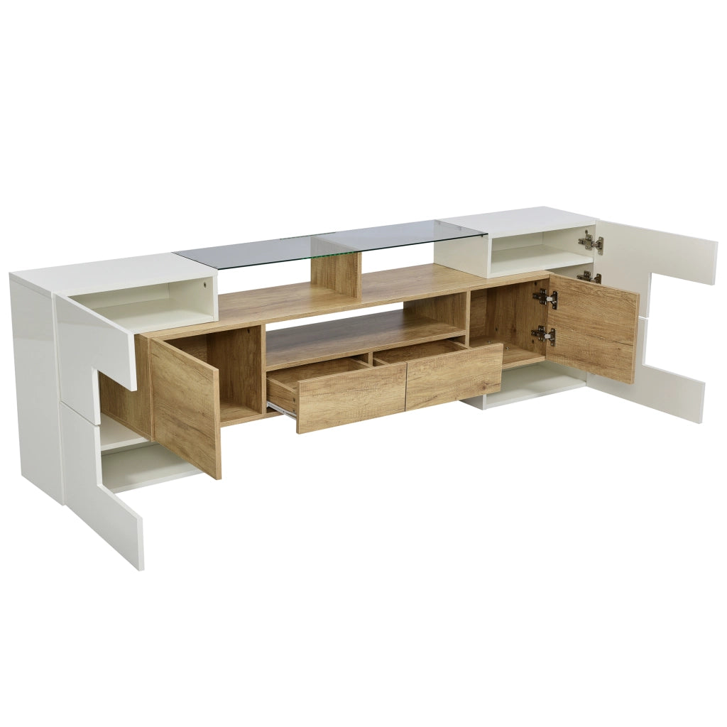 Mobile TV con 6 Ante; 2 Cassetti; 3 Vani e LED Multicolore; Bianco Lucido; 200¡Á35¡Á60 cm; in MDF; Naturale