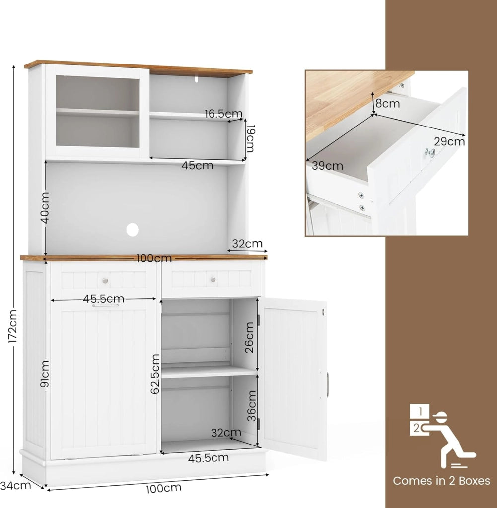Credenza da Cucina con 3 Ante, 2 Cassetti e Pattumiera 38 L, Piano di Lavoro in Legno, 3 Ripiani Regolabili e 4 Armadi, 100 x 34 x 172 cm, Ideale per Cucina e Soggiorno (Bianco)