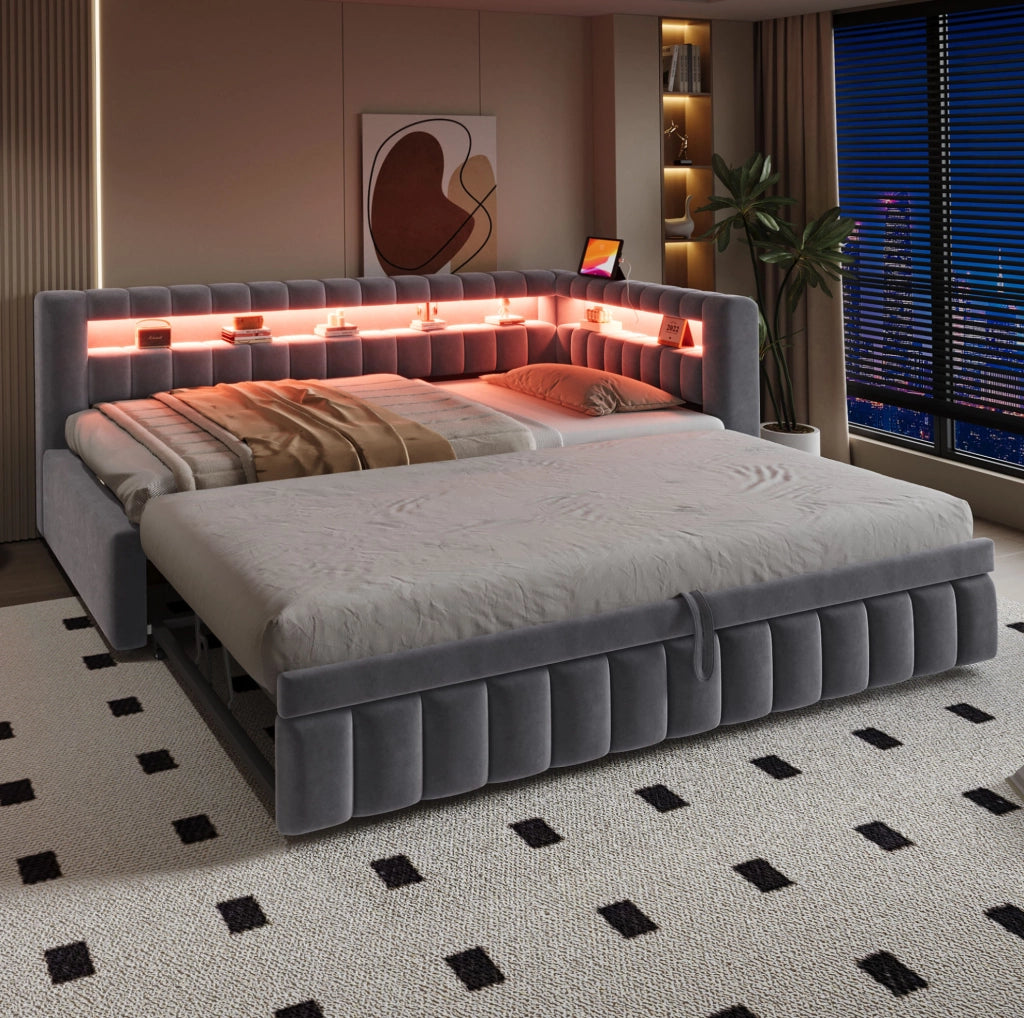 Divano letto 90x200 cm estraibile; con LED e porte USB; in velluto grigio