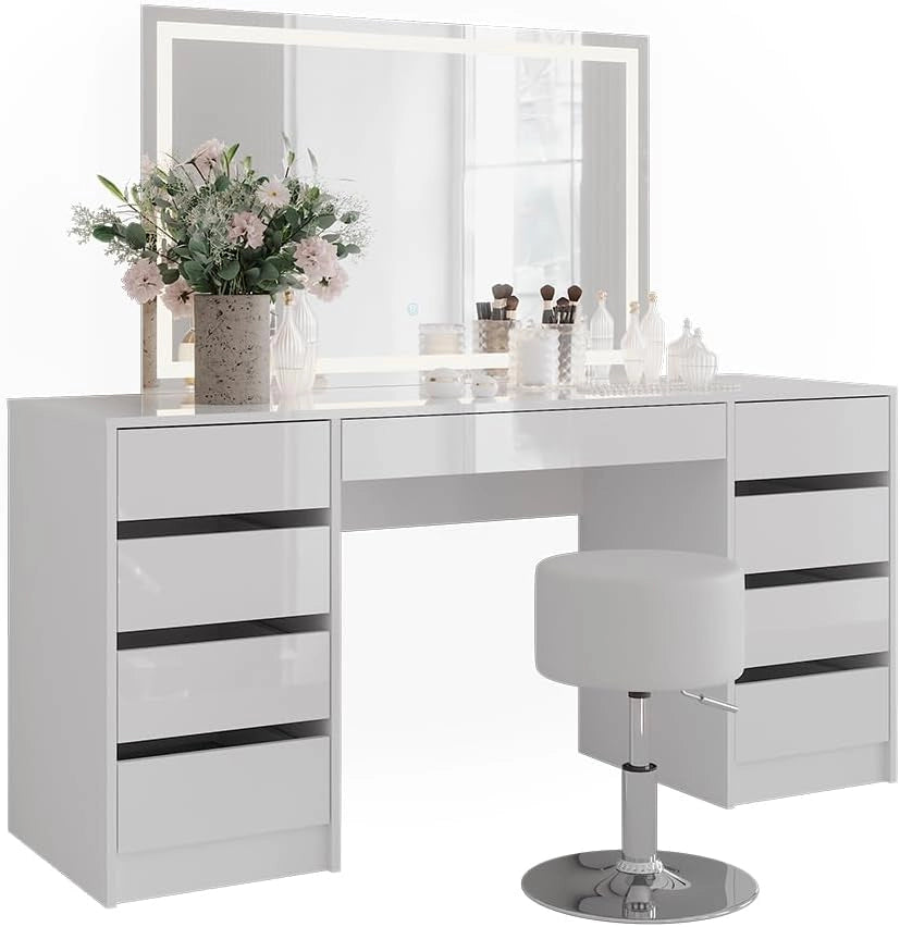 Tavolo da toeletta Sherry, Bianco/bianco lucido, 158.2 cm con specchio LED e sgabello