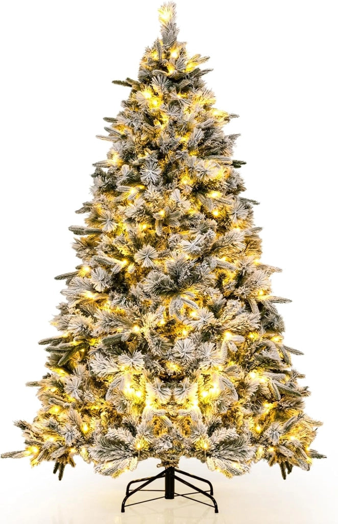 Albero di Natale Innevato 215 cm, Albero di Natale con 300 Luci LED Bianco Caldo, 1096 Punte di Ramo Miste e Aghi di Pino, per Casa e Ufficio