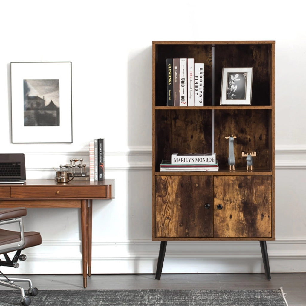 Libreria retr¨° con 2 livelli, Scaffale industriale con 3 scompartimento e 2 ante, Marrone