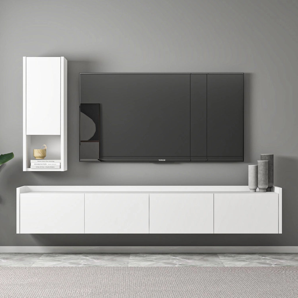 Mobile TV in legno "Sema" con mensola a muro - 160 x 30 x 35 cm - Bianco