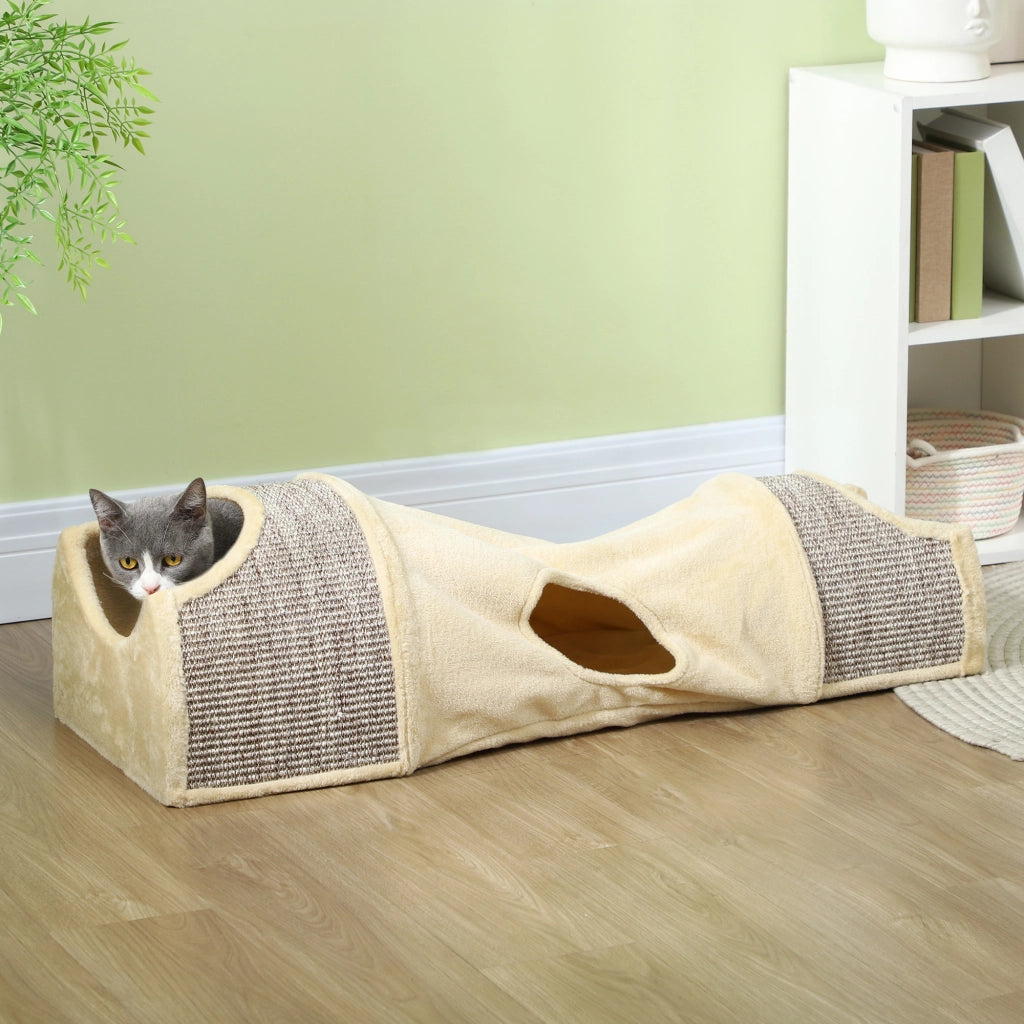 Tunnel per Gatti con 2 Nicchie in Sisal ¨C zephmum ¨C Beige 107x38x29 cm