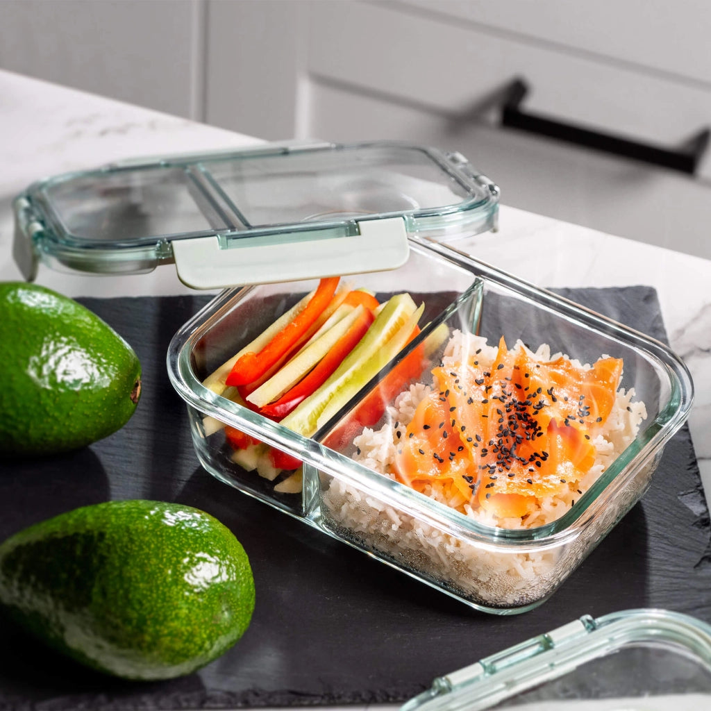 Set di 4 contenitori per alimenti in vetro KADAX da 1 litro con divisori, ideali per il pranzo.