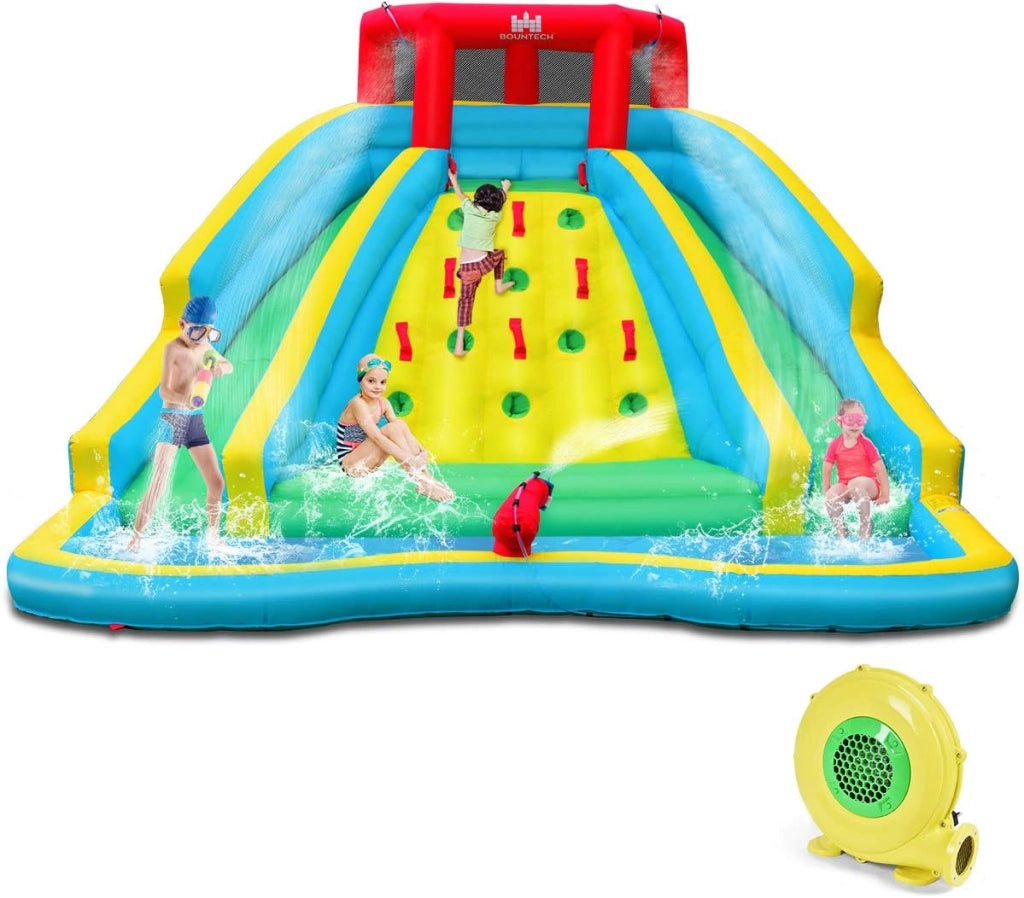 Castello Gonfiabile per Bambini, Parco Acquatico Gonfiabile con 2 Scivoli, Piscina, Parete di Arrampicata, Cannone, Borsa di Trasporto e Kit di Riparazione, 452x365x233 cm (Con Soffiatore)