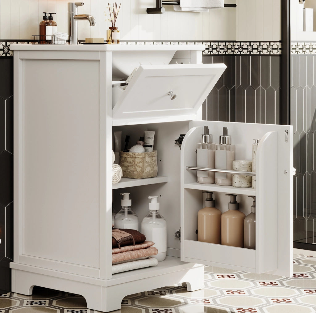 Mobile bagno con lavabo integrato in ceramica bianco, vano contenitore e ripiano regolabile