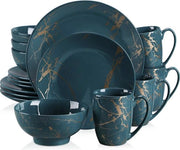 Set da Cenno in Poroceleto Scuro e Oro - 16 pezzi - Set di Cibi per 4 Persone - Lusso e Stile