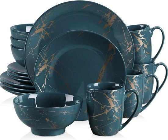 Set da Cenno in Poroceleto Scuro e Oro - 16 pezzi - Set di Cibi per 4 Persone - Lusso e Stile