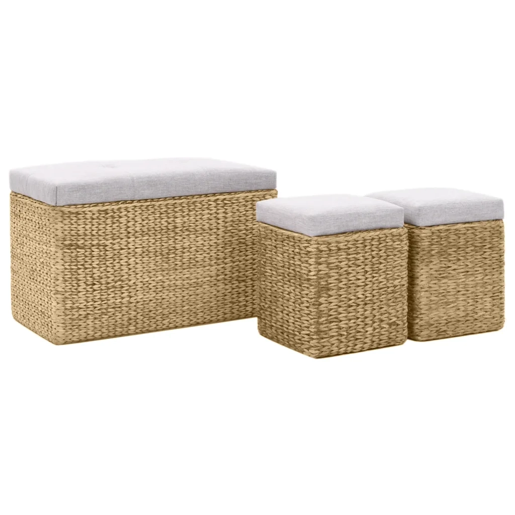 Panca e 2 Pouf-Sgabello-Panca con Contenitore in Giunco Grigio