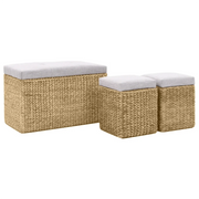 Panca e 2 Pouf-Sgabello-Panca con Contenitore in Giunco Grigio