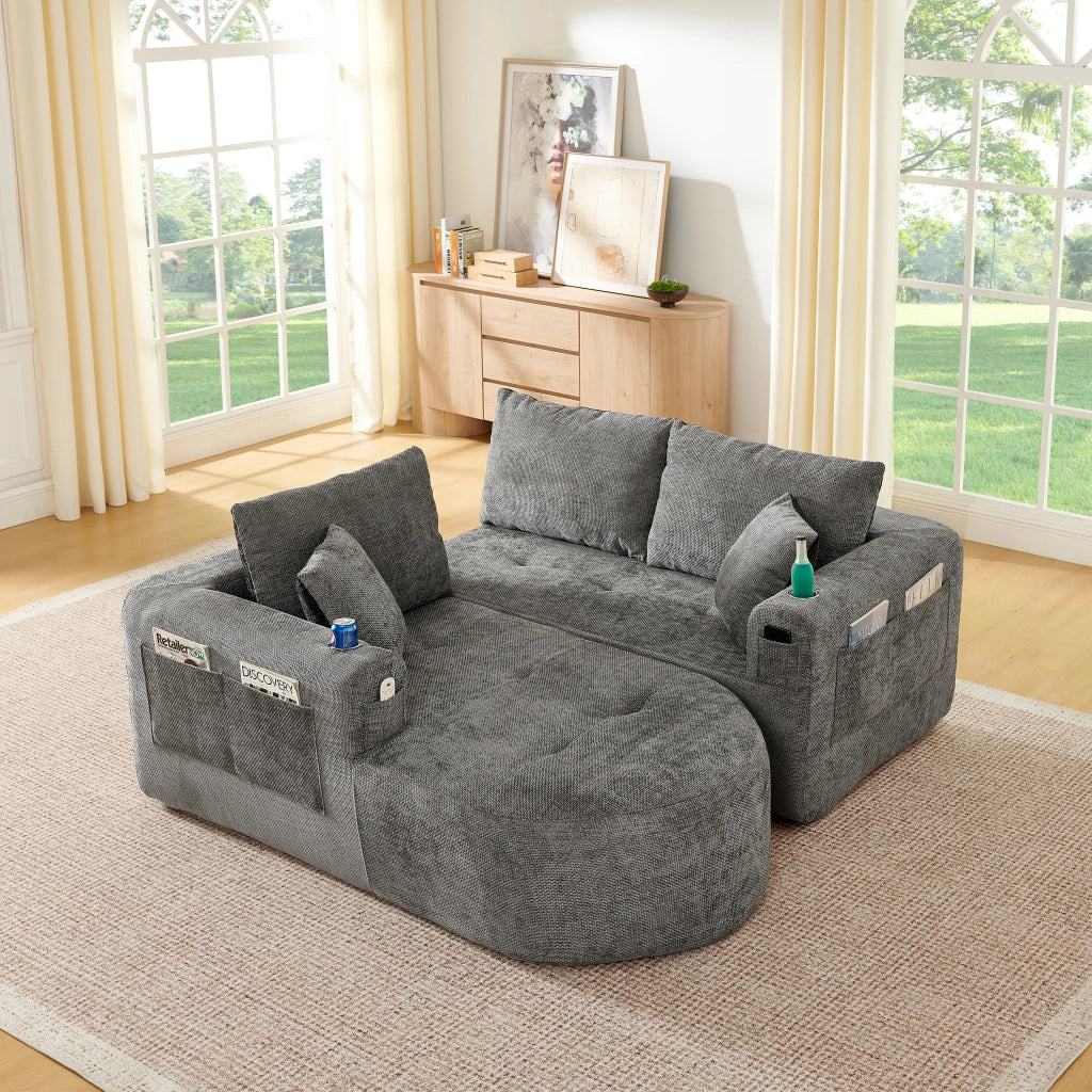 Divano angolare a L con portabicchieri in acciaio inox e tasche laterali, tessuto in lino grigio 255 × 170 × 67 cm