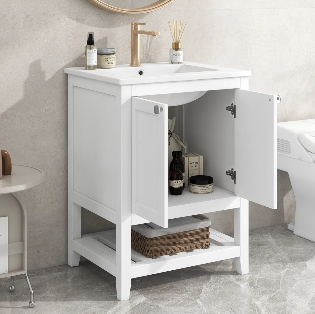 Mobile bagno con lavabo in ceramica 61x46x90 cm; bianco; in legno massello e MDF