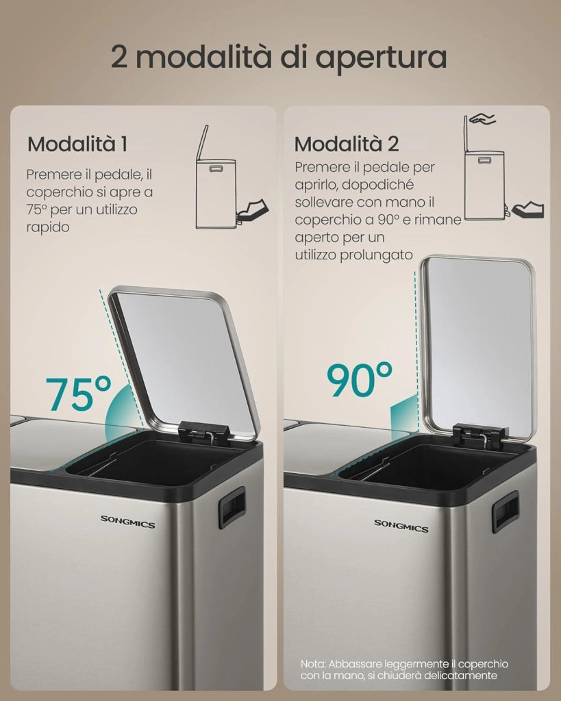 SONGMICS Pattumiera Cucina 3 x 18 L, Cestino per Raccolta Differenziata 3 Scomparti, 15 Sacchetti, Secchi Rimovibili, Coperchio, Maniglie, Chiusura Morbida, Acciaio Inox, Argento LTB254EZ01