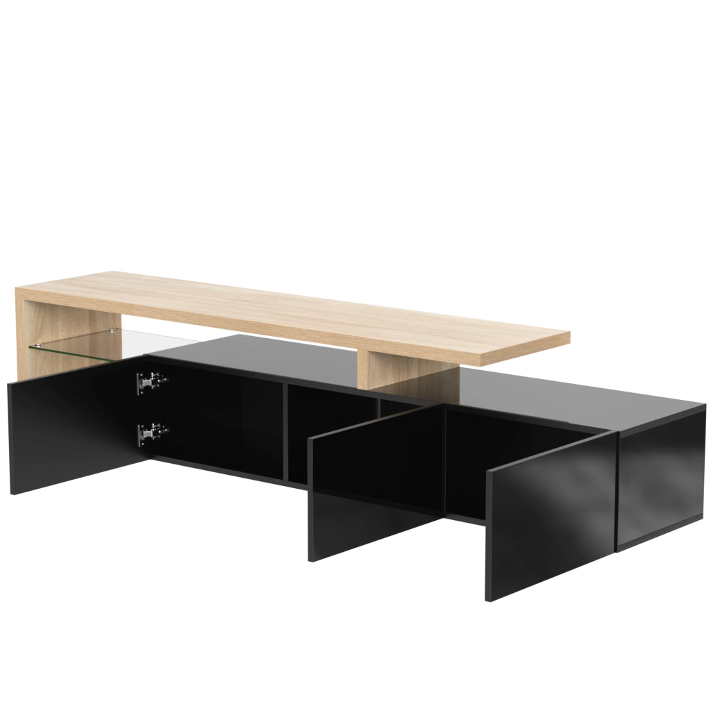 Mobile TV 197.5x39x42 cm; con ripiani in vetro e LED a 7 colori; MDF e vetro; colore naturale e nero