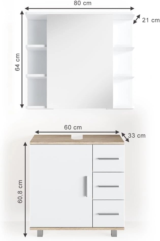 Set mobili bagno Ilias, Sonoma, 60 cm, composto da specchio da bagno e mobile sottolavabo