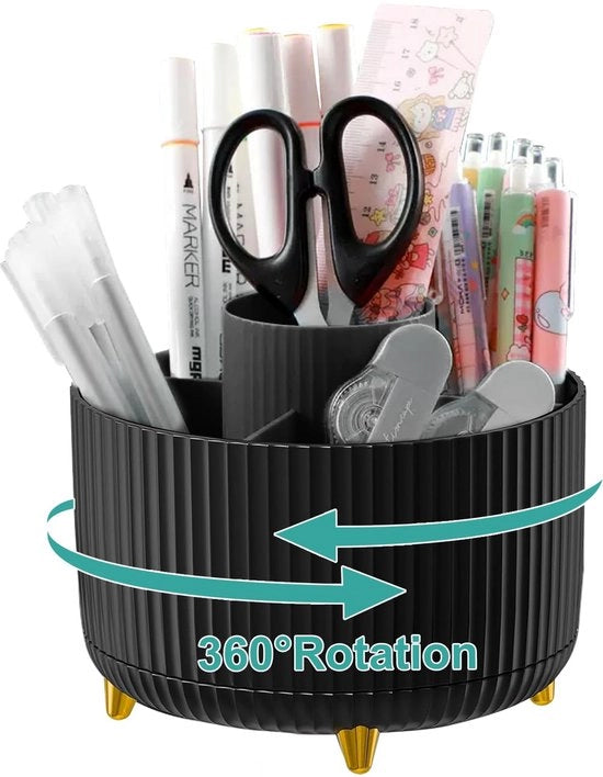 Bureau-organizzatore, 360 gradi girabile, contenitore per matite, 5 compartimenti per matite, non macchine, paperclip, appunti adesivi, organizzatore di scrivania spazievitore (nero)