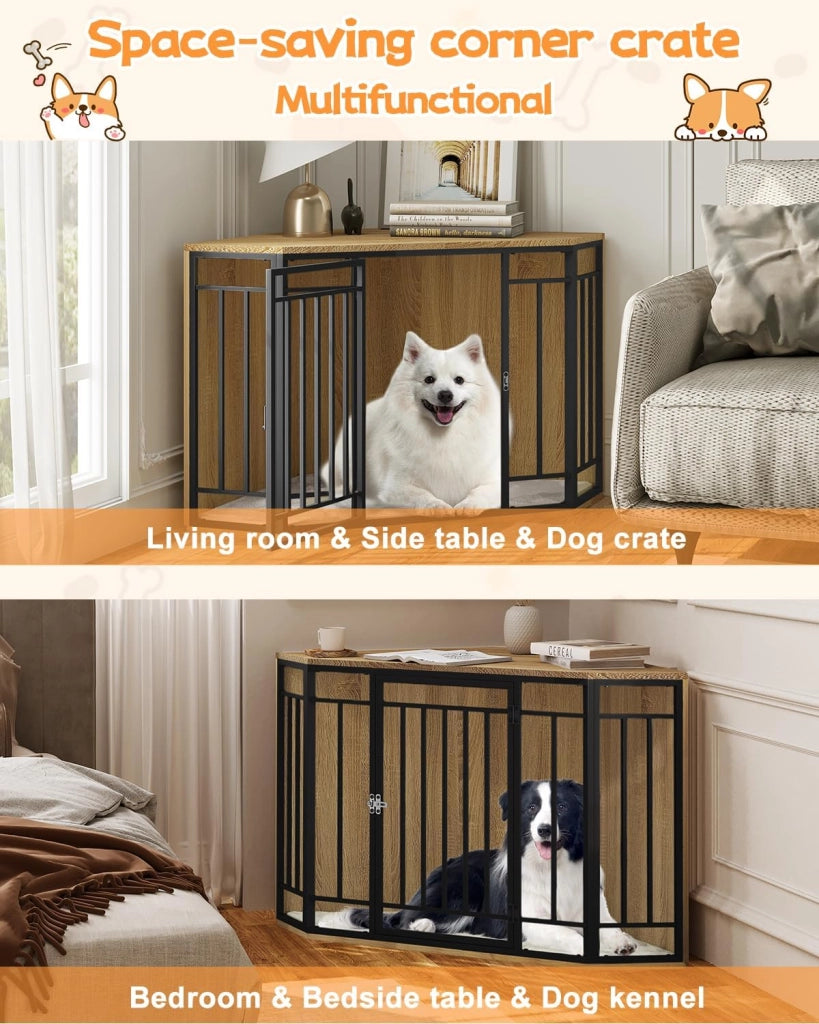 Gabbie per Cani da Interno, Gabbia per Cani ad Angolo, 111x60x67cm Kennel Cane Grande Media, Gabbia in Legno Decorativa con Porta Bloccabile, Sopporta Massima di 70kg