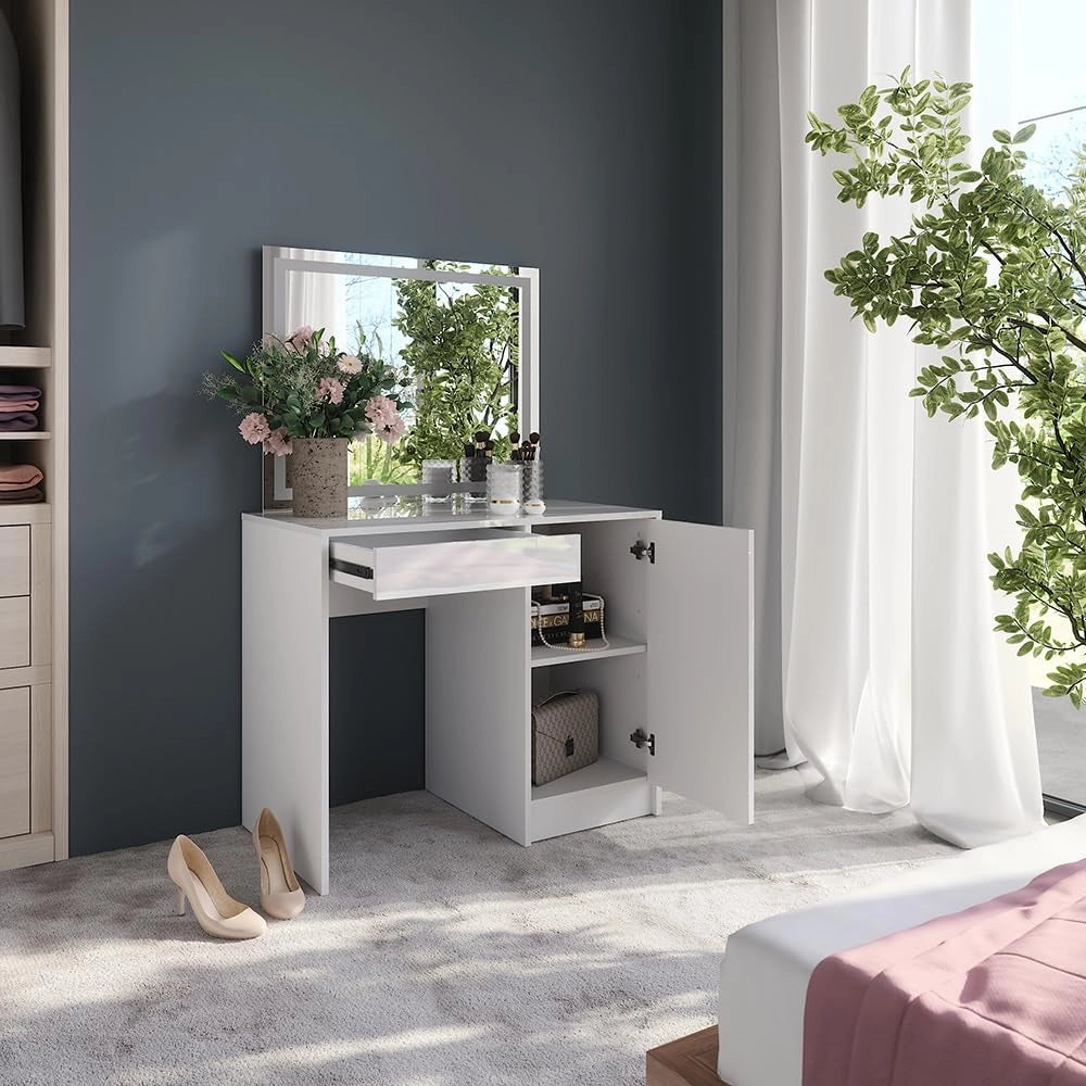 Tavolo da toeletta Sherry, Bianco/bianco lucido, 89.8 cm con specchio LED