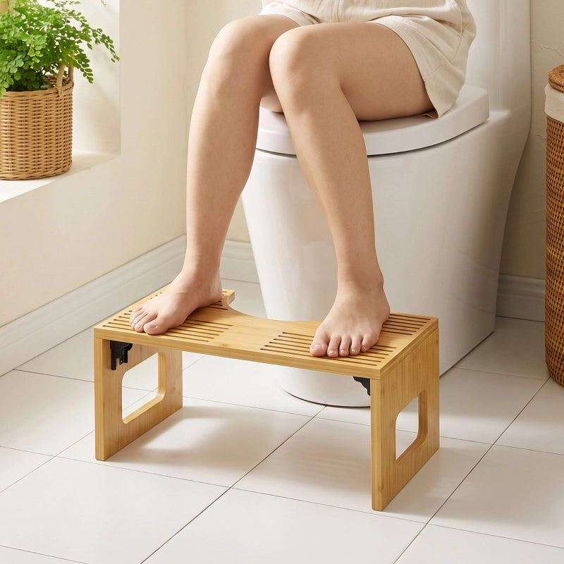 Sgabello da bagno in bambù colore quercia, pieghevole e antiscivolo per adulti