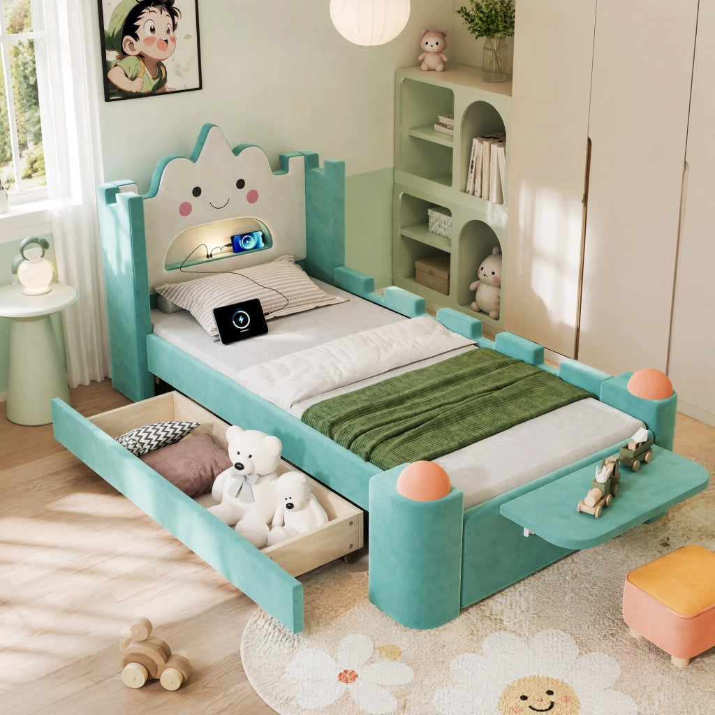 Letto imbottito per bambini 90x200 cm con LED, USB e cassetto