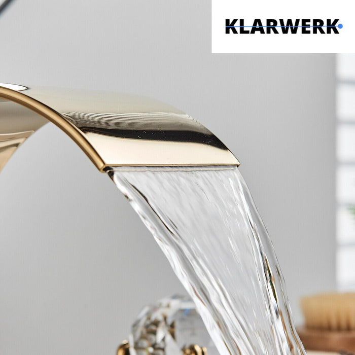 LENA | Rubinetto bagno 3 fori design oro lucido |  per lavabo ad arco alto in acciaio inossidabile | miscelatore 2 maniglie ristorazione