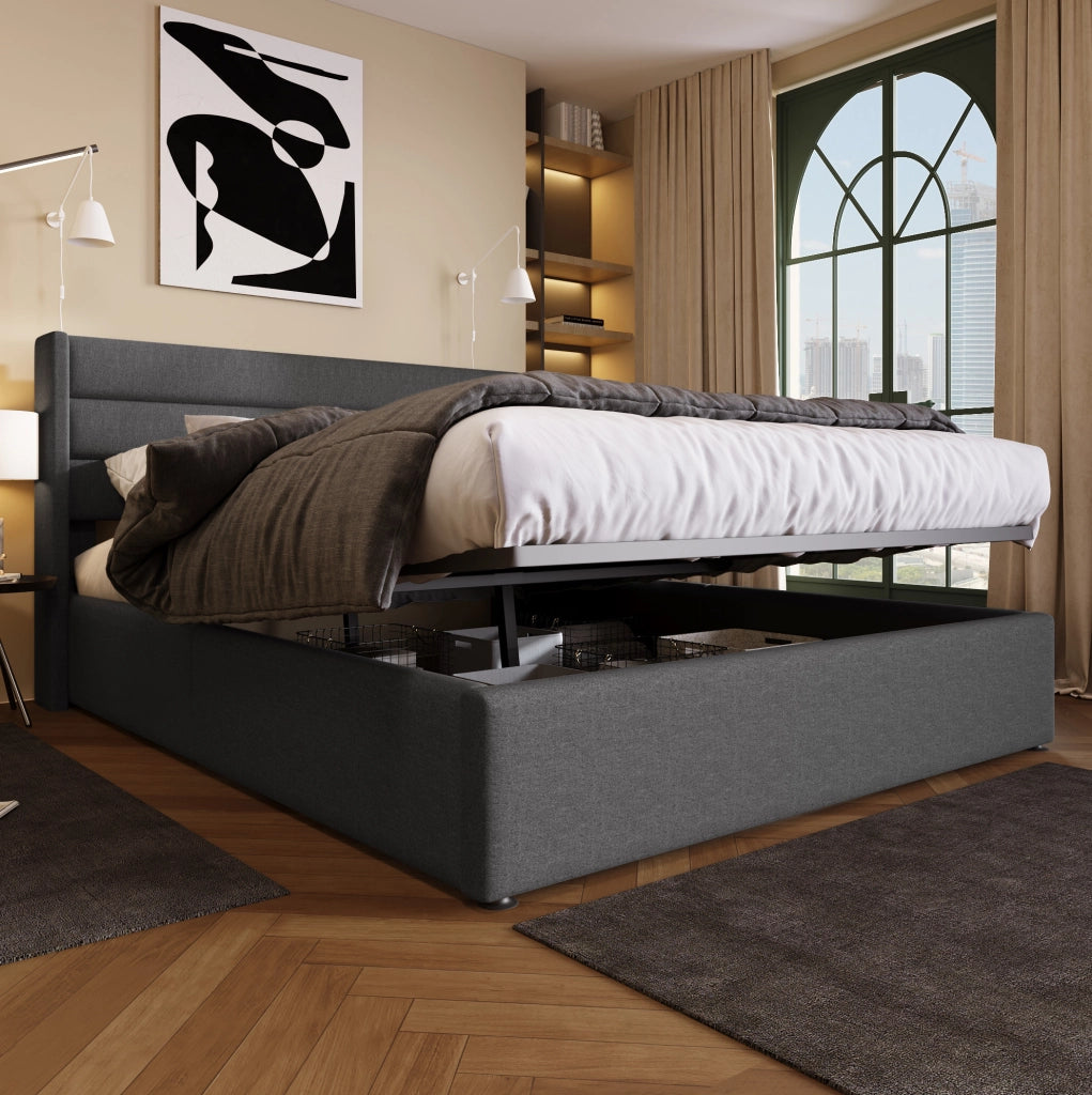 Letto matrimoniale contenitore 180x200 cm con testiera imbottita; struttura in lino grigio