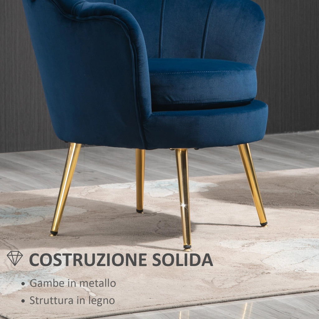 Poltrona a Conchiglia Vintage ¨C Xylo ¨C Schienale Alto, Tessuto Blu, 76x67x74cm