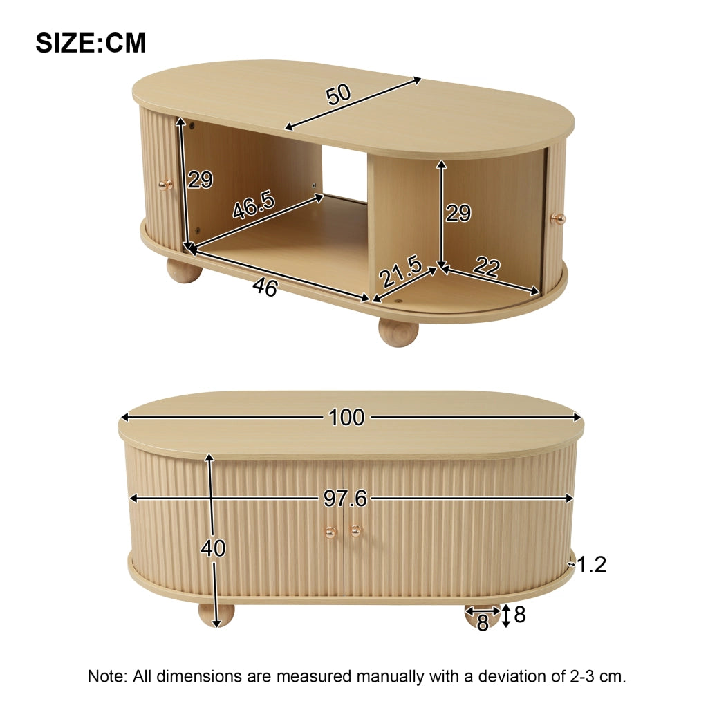 Tavolino da Salotto Ovale con 2 Ante Scorrevoli e Contenitore; Stile Industriale; in MDF; 100×50×40 cm; Legno