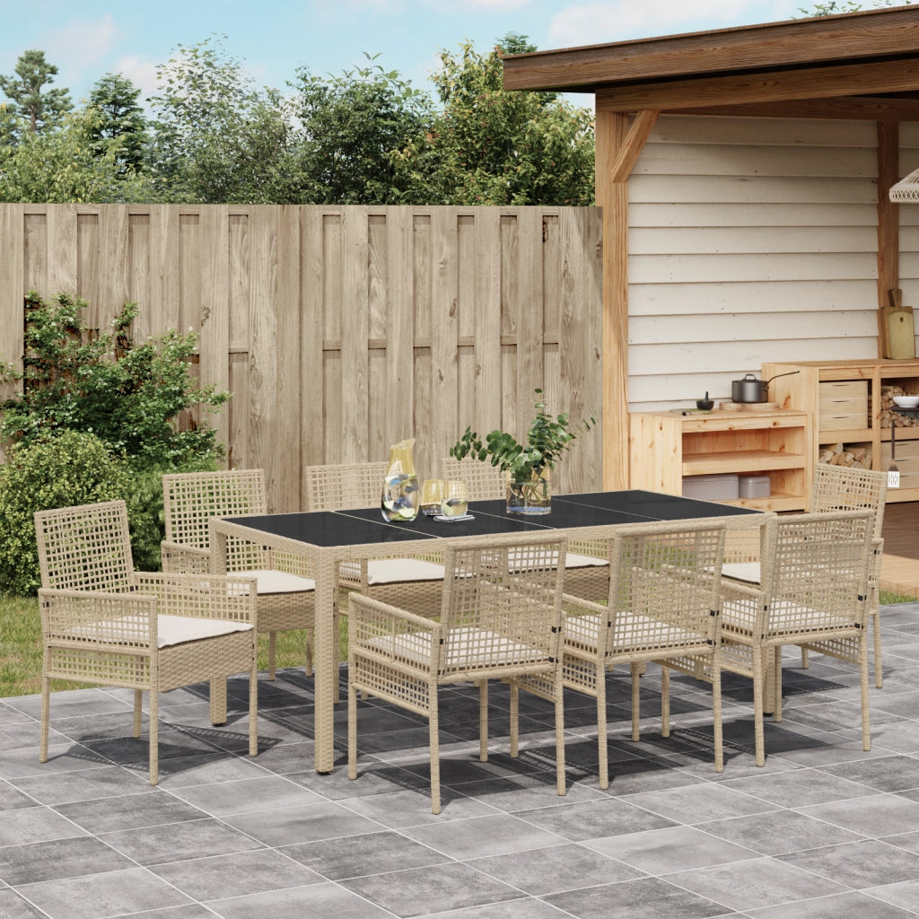 Set da Pranzo da Giardino 9 Pezzi con Cuscini Beige in Polyrattan