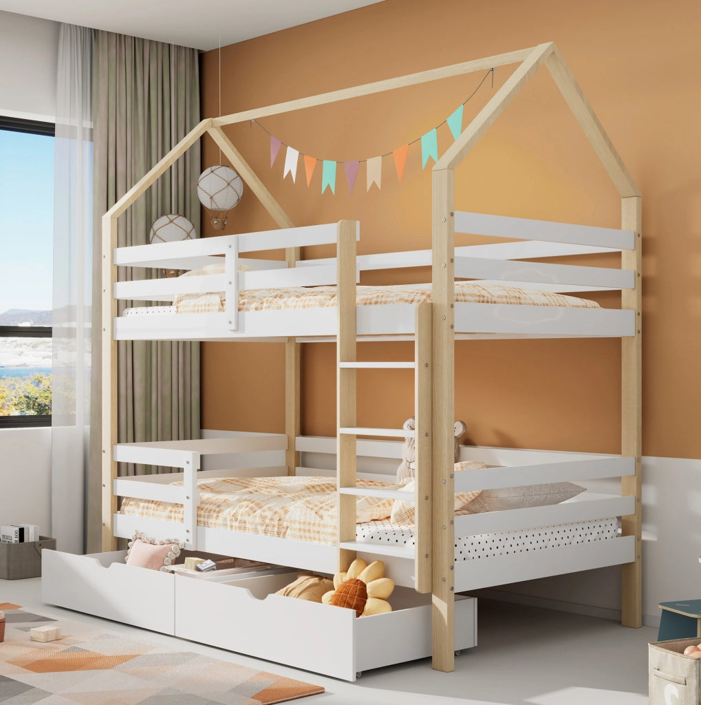 Letto a castello bambini 90x200 cm con cassetti bianco rovere