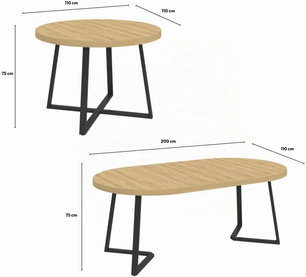 SELMA tavolo da pranzo rotondo allungabile 4-10 persone legno e nero 110-200 cm