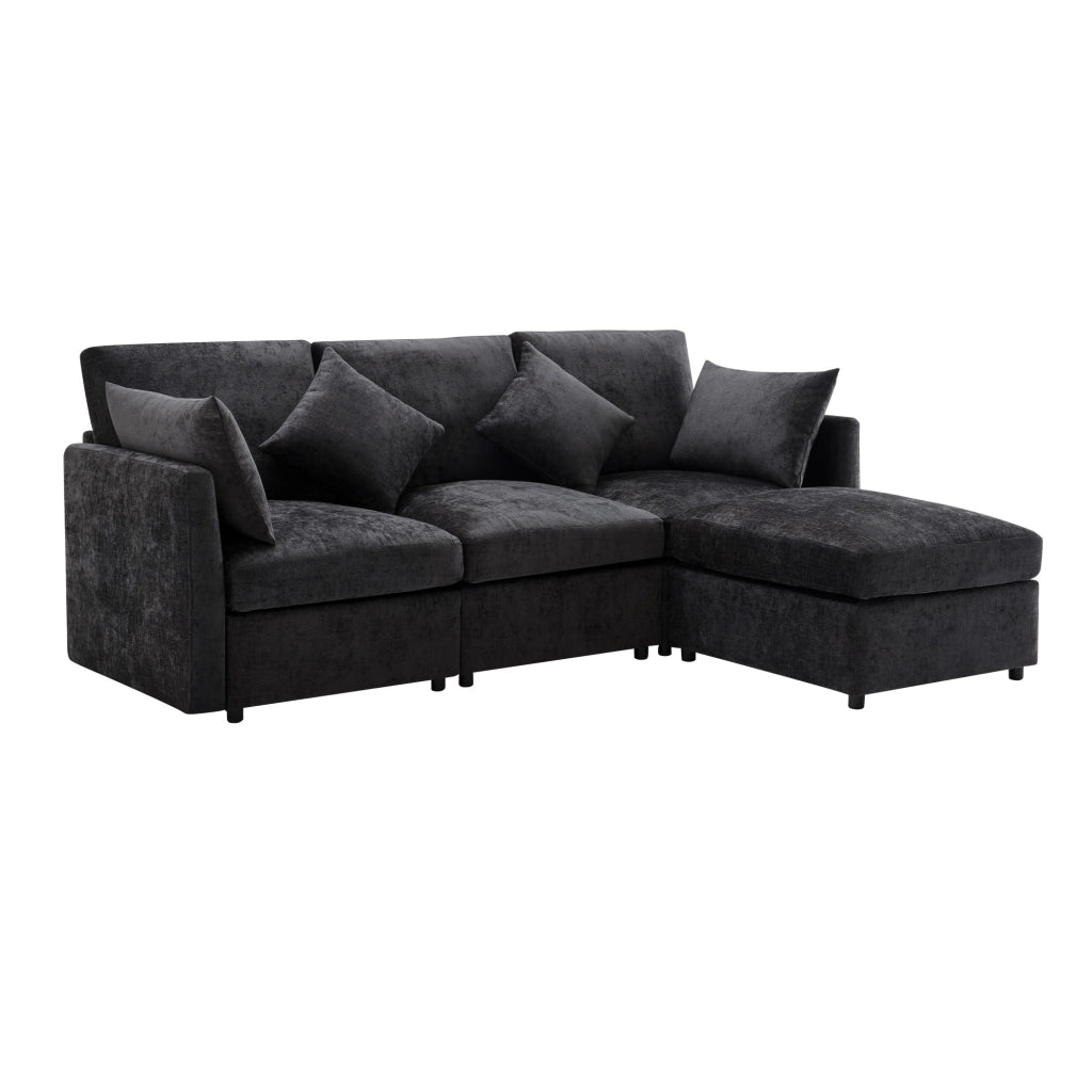 Divano Angolare Modulare con Pouf Mobile e 4 Cuscini; Convertibile in 3 Posti; in Ciniglia; Grigio; 216 × 161 × 81 cm