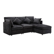 Divano Angolare Modulare con Pouf Mobile e 4 Cuscini; Convertibile in 3 Posti; in Ciniglia; Grigio; 216 × 161 × 81 cm