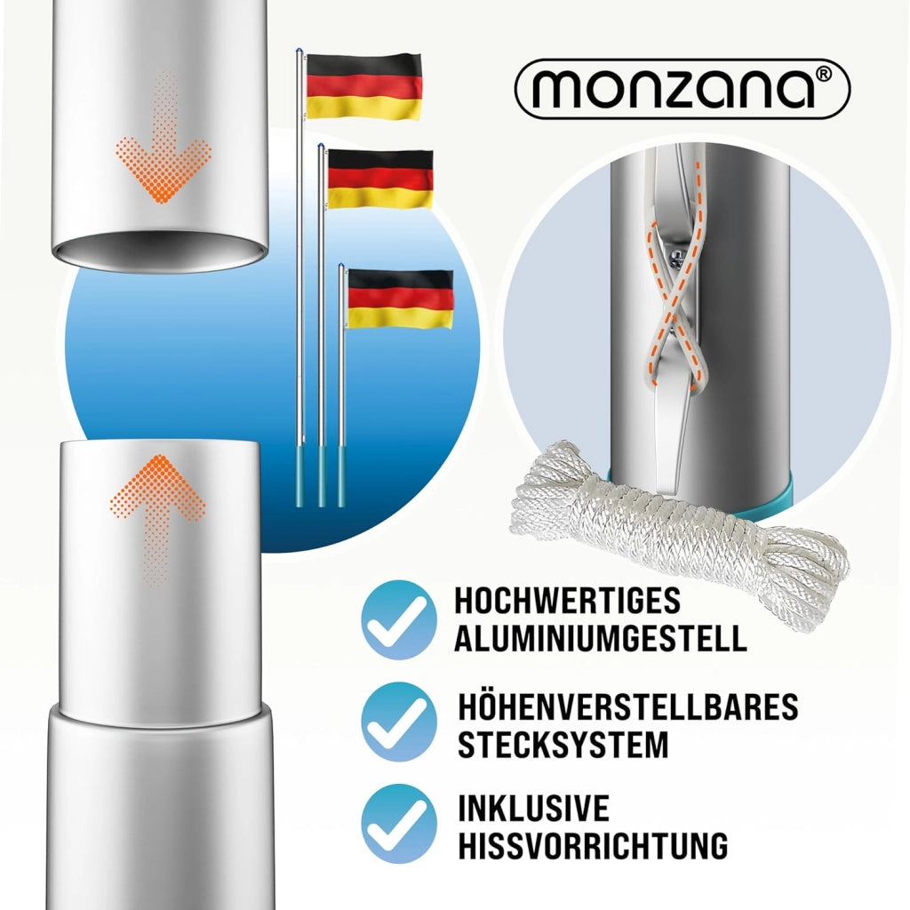 ® Set Montaggio Bandiera con Asta in Alluminio 6,5 m Incl. Fune Moschettone Gancio per Messa a Terra Regolabile in Altezza