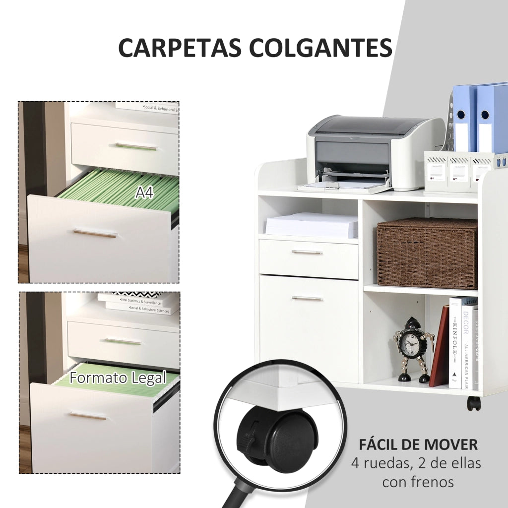 Scrivania per stampante con 3 scomparti, 2 cassetti, scaffale e ruote ¨C zephmum ¨C 80x40x72 cm bianco