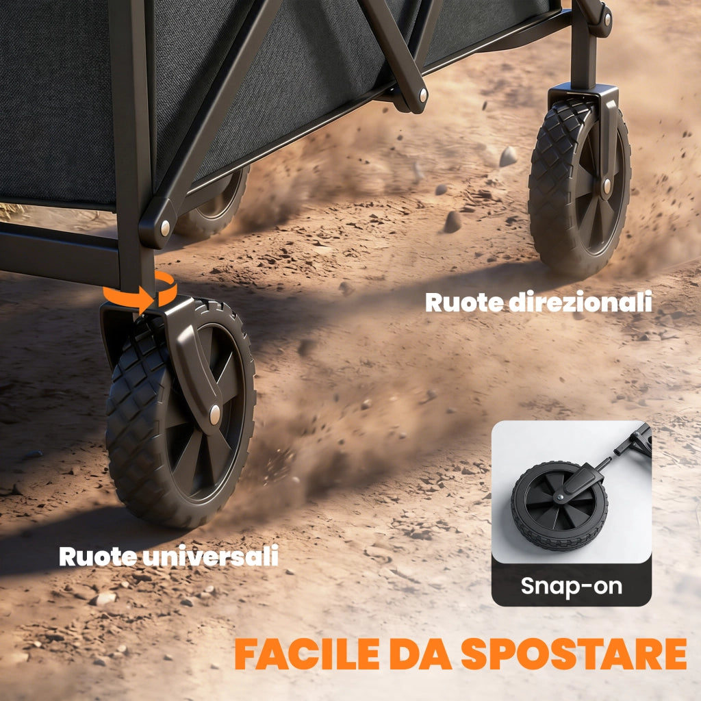 Carrello da Giardino Pieghevole 66L con Manico Regolabile e Portabicchieri, Nero