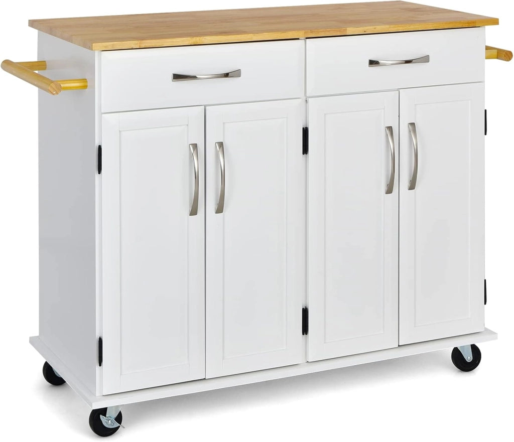 Carrello da cucina a isola con piano di lavoro, carrello da portata in legno con ruote bloccabili, trolley da cucina con 2 cassetti/portasciugamani/doppia porta, mobile da cucina (bianco)