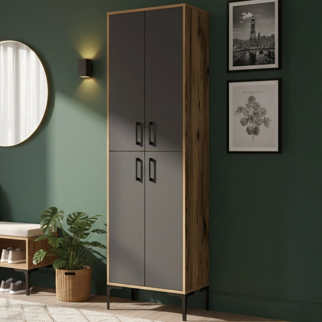 Scarpiera Sebastien, Mobile portascarpe, Armadio da ingresso multiuso, Mobiletto per calzature, 60x35h200 cm, Noce e Antracite