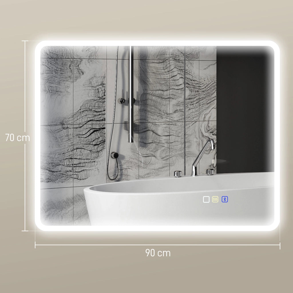 Specchio da Bagno 70x90 cm LED Bluetooth con Interruttore Touch Luce 3 Colori Anti-appannamento Argento