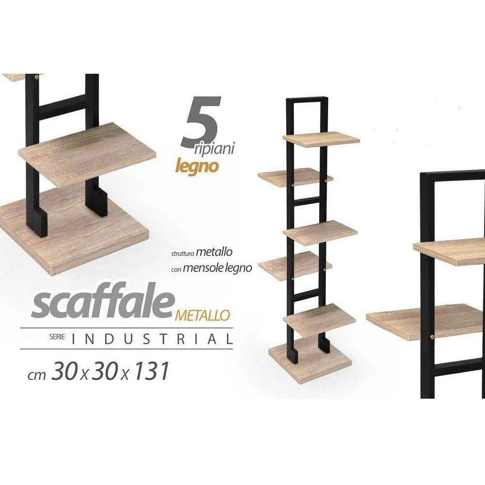 Trade Shop - Scaffale Portaoggetti Libreria 5 Ripiani Legno 30x30x131 Cm Metallo Nero 783197 -