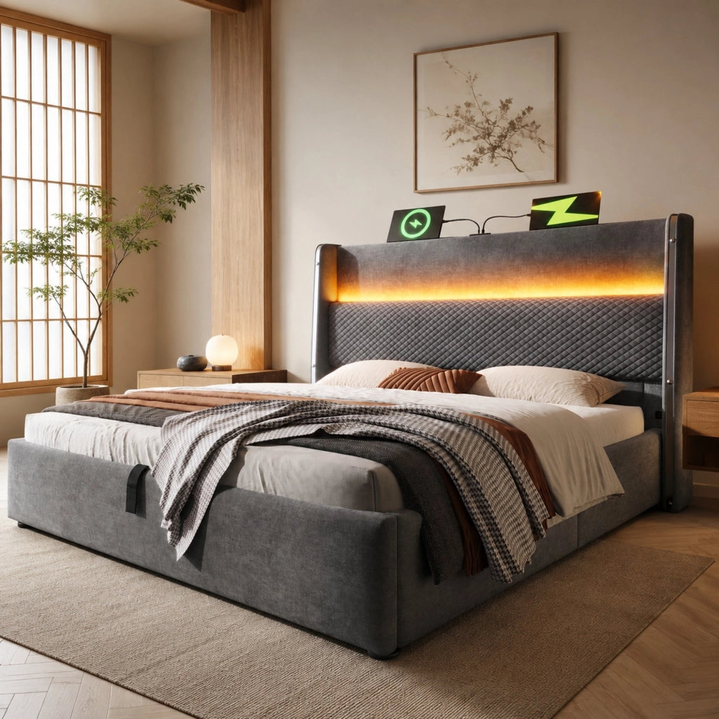 Letto matrimoniale idraulico 180x200 cm con testiera alta, LED, presa USB/Type-C e contenitore, grigio