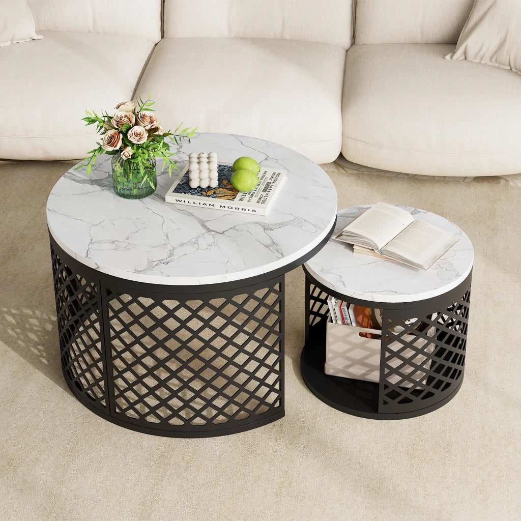 TAVOLINI DA CAFFÈ Set 2 Pezzi Rotondi 70x70x45 cm Bianco in MDF e Metallo