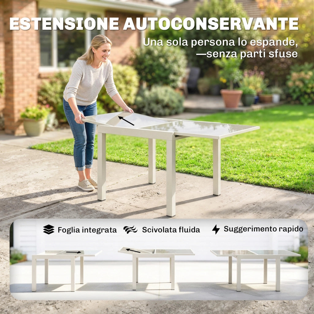 Tavolo Estensibile da Giardino 180x90x75 cm Piano in Vetro Temperato in Alluminio Bianco Crema