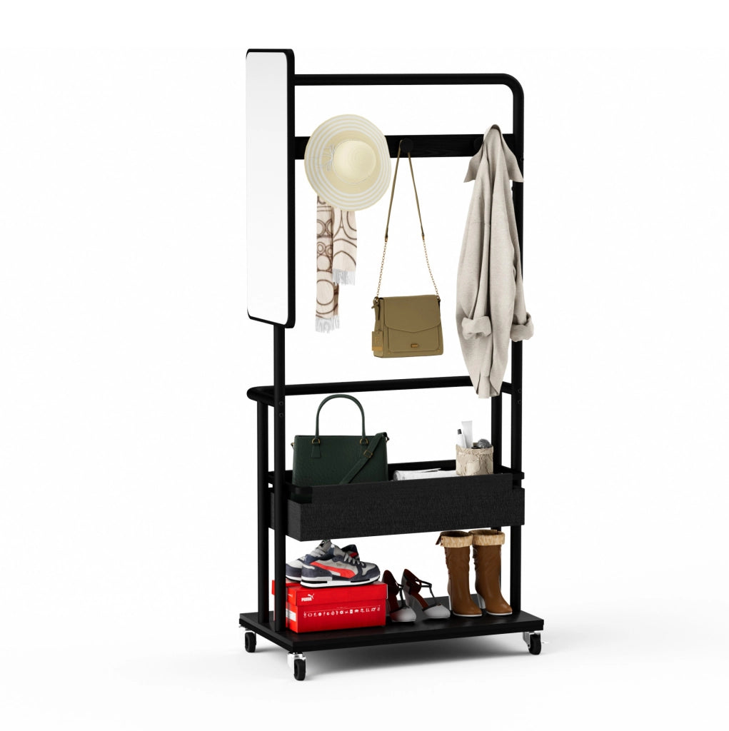 Appendiabiti multifunzione 3 in 1 con specchio; ruote e ripiano inferiore; 70x40x170 cm; nero