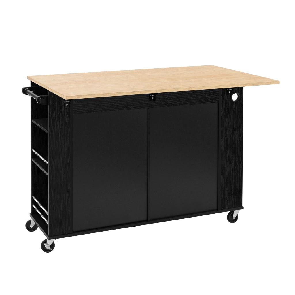 Isola Cucina Mobile Nera con Piano Estensibile 120 cm; Porta Rifiuti; Prese USB; Ruote e Ripiani Regolabili