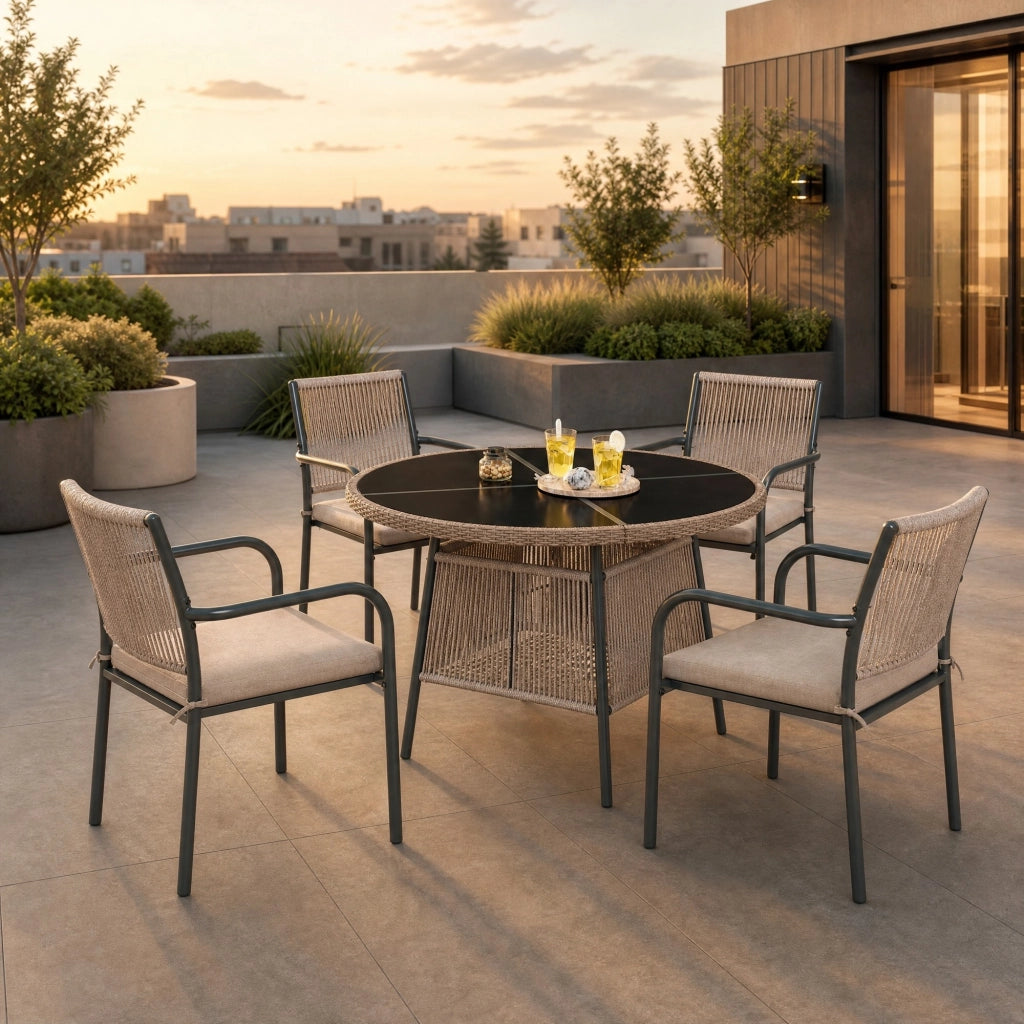 Set da giardino 5 pezzi con tavolo rotondo in vetro temperato; sedie con braccioli; grigio