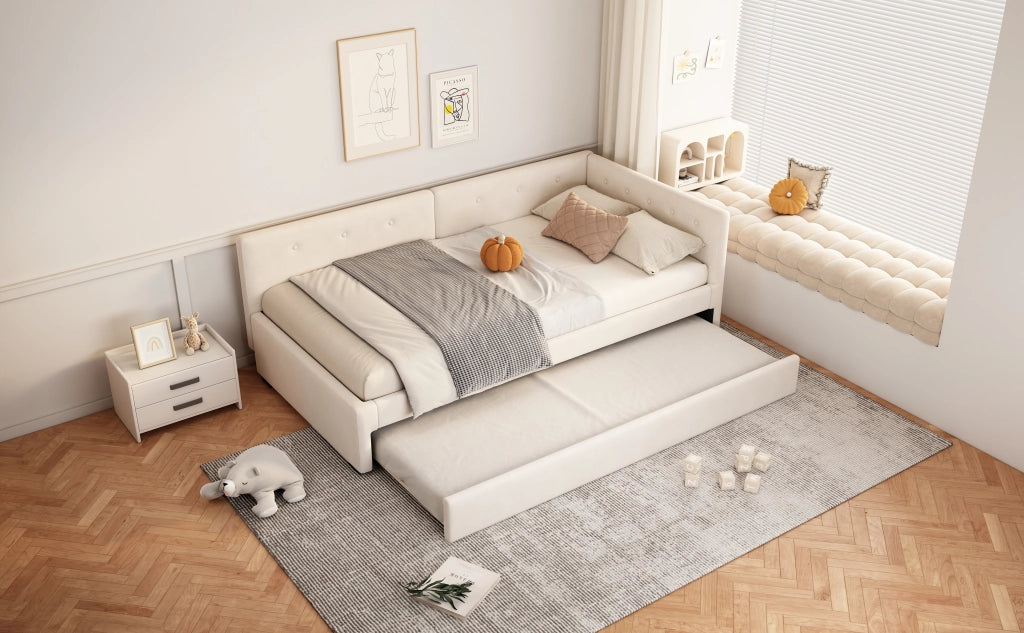 DESMIU Divano letto 90 × 200 cm 1 posto con letto estraibile, senza materasso, in velluto e MDF, beige