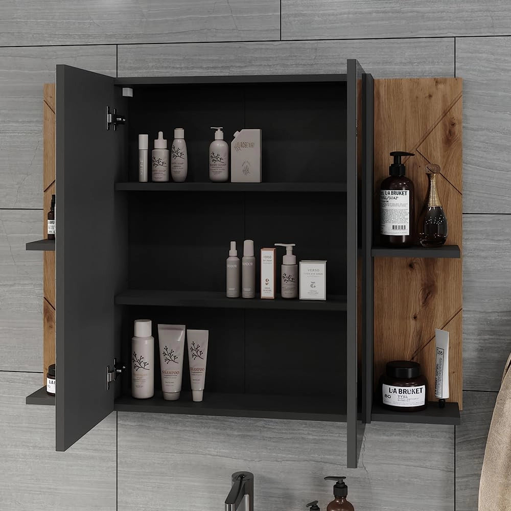 Armadio a specchio per il bagno Irma, Antracite/Artisan, 100 x 75 cm con 2 porte, con specchio e ripiani regolabili