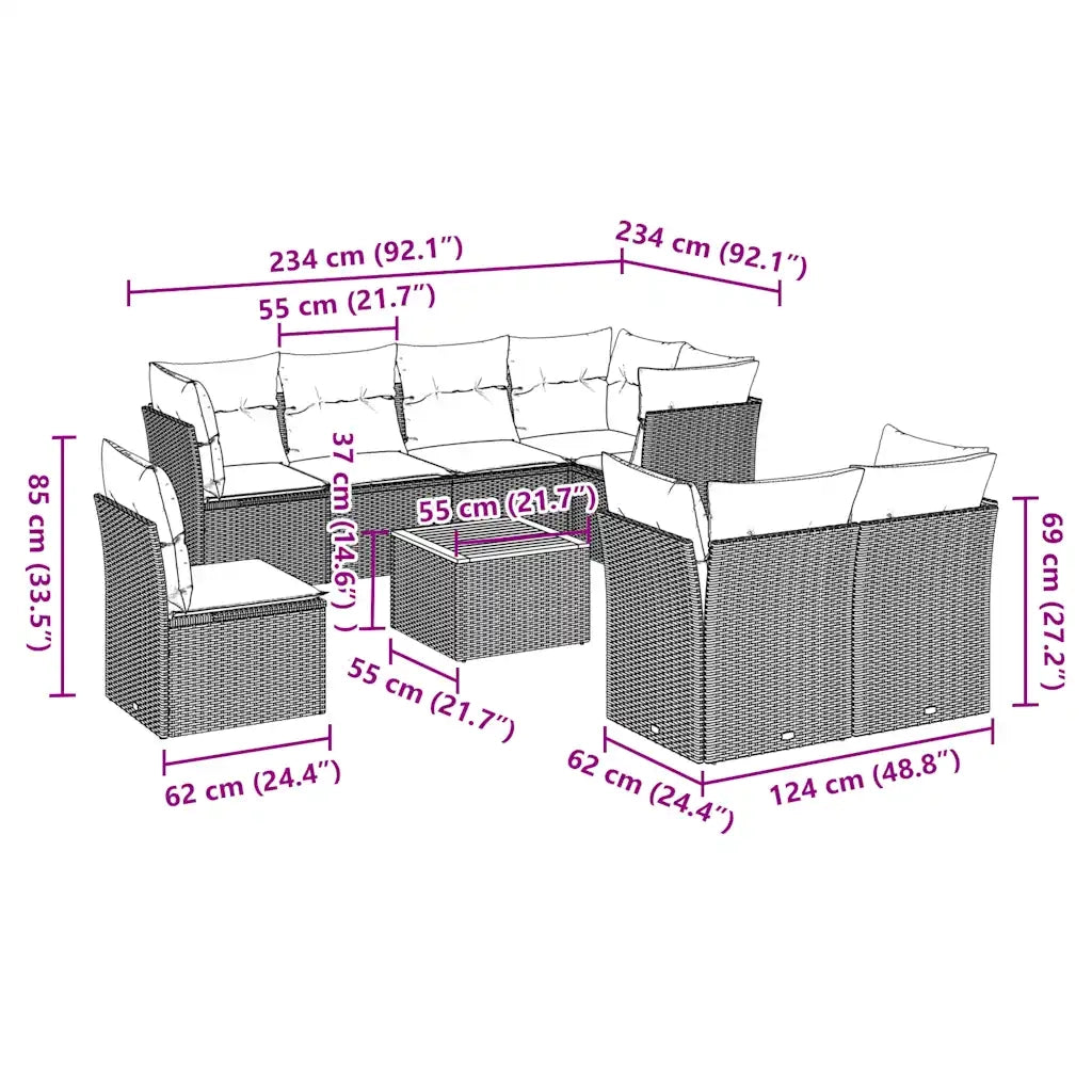 Set Divani da Giardino 9 pz con Cuscini Grigio in Polyrattan